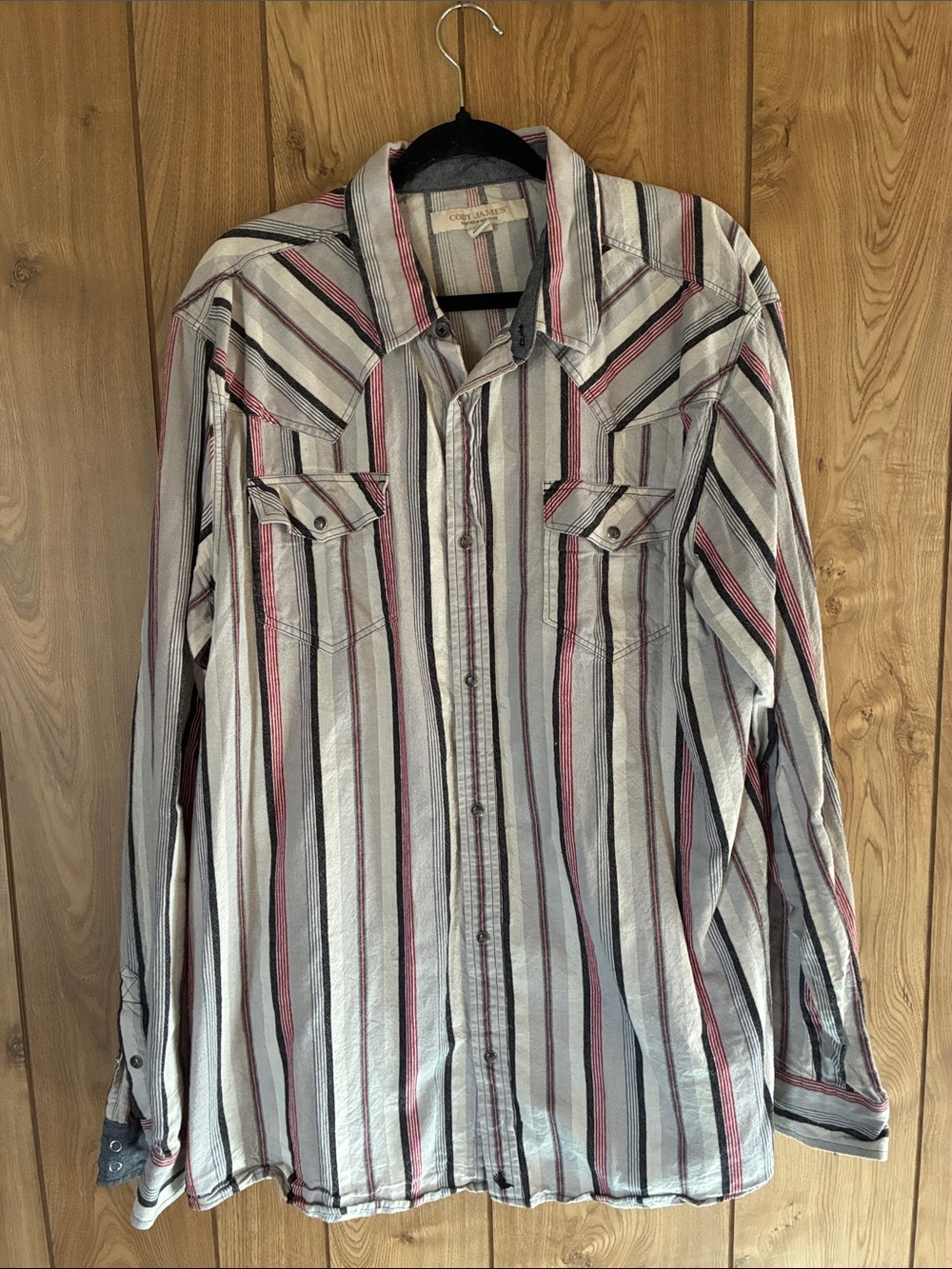 Casual Striped Long-Sleeve Shirt - White with Red & Black Stripes